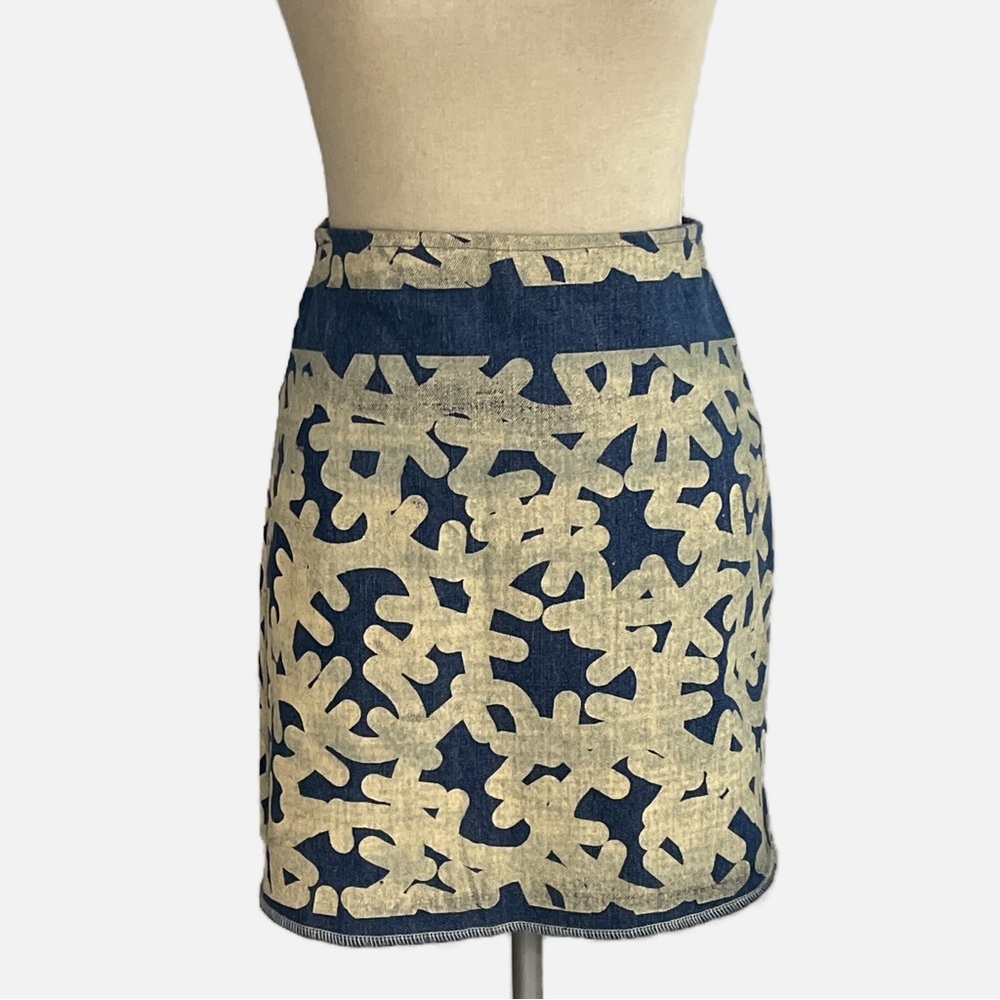 Mimi Oz‎ Denim Mini Skirt Handmade Size Small Blue Beige One of a Kind NWT